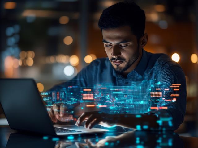 Un hombre trabaja en una laptop mientras interactúa con gráficos digitales que flotan en el aire.