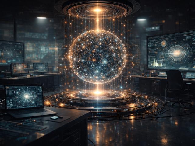 Una representación futurista de un laboratorio tecnológico con una esfera luminosa en el centro y pantallas mostrando datos alrededor.