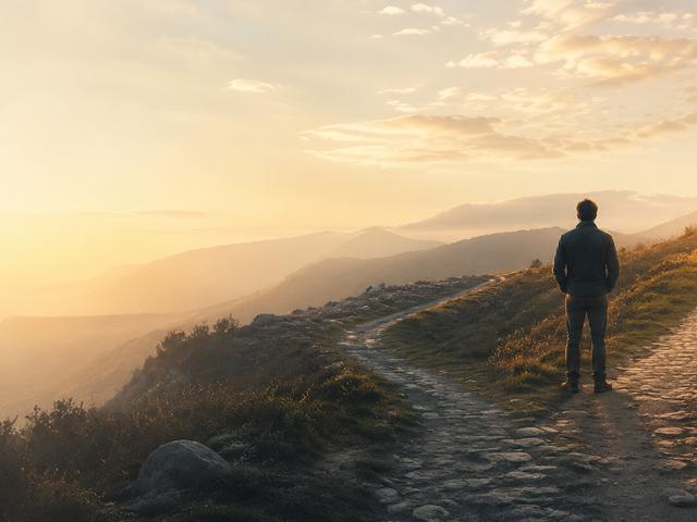 Una persona contempla un paisaje montañoso al atardecer desde un camino pedregoso.