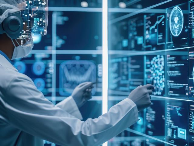 Un profesional de la salud interactúa con una pantalla digital llena de datos médicos y gráficos.