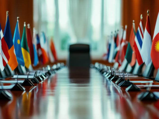 Sala de reuniones con una larga mesa y diversas banderas de diferentes países en los laterales.