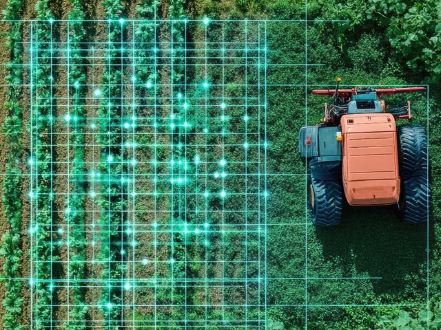 Una vista aérea de un tractor en un campo cultivado, rodeado de hileras de cultivos.