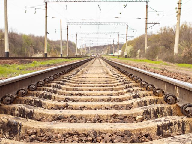 A perspective view of railway tracks receding into the distance with overhead electrical lines and greenery on either side.