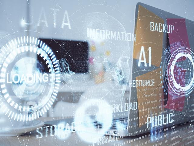 Una computadora portátil con gráficos digitales que representan conceptos de inteligencia artificial y gestión de datos.