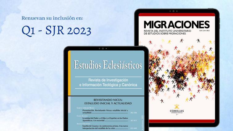 An advertisement showcasing the inclusion of various academic journals from Comillas University in the Q1-SJR 2023 ranking, displayed on tablet screens.