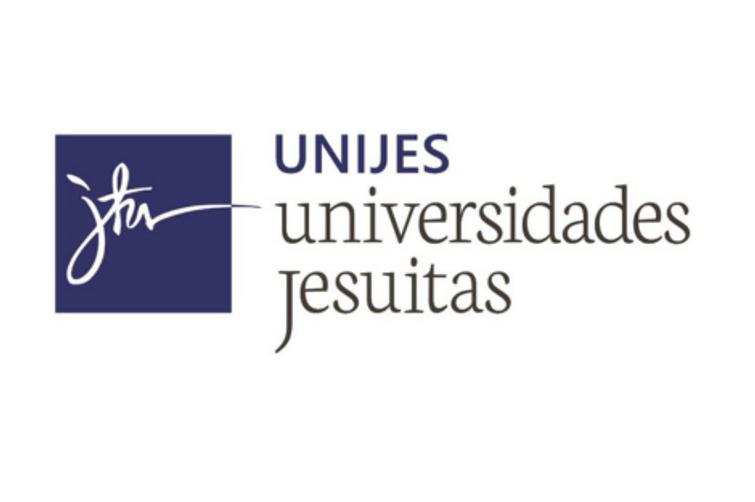 Logo of UNIJES featuring a blue square with a stylized white signature and the text 'universidades jesuitas' in lowercase beside it.