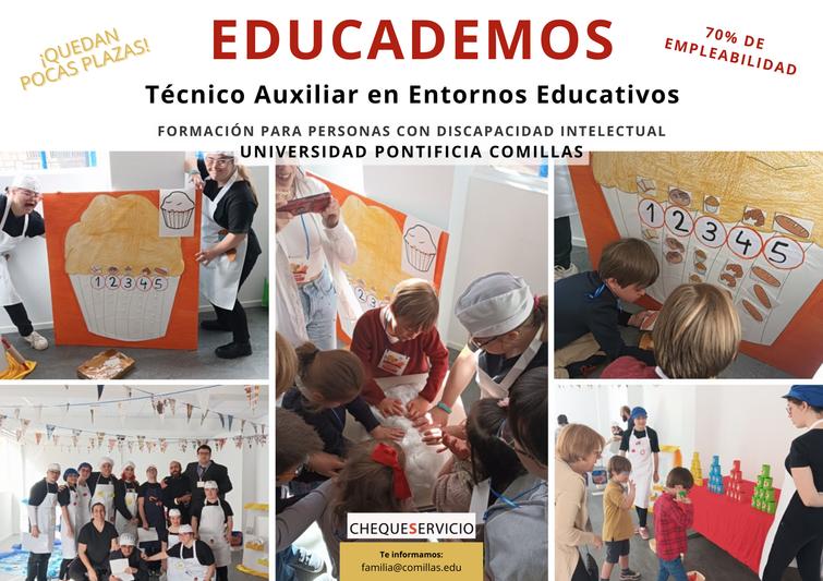 A promotional poster for an educational program called EDUCADAMOS for intellectual disability training at Universidad Pontificia Comillas, showing various educational activities.