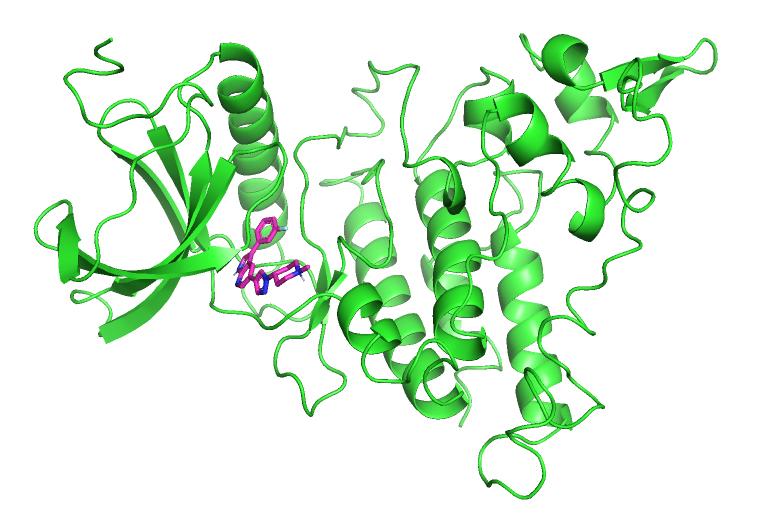 La imagen muestra una representación tridimensional de una proteína con estructuras helicoidales y cadenas en color verde.