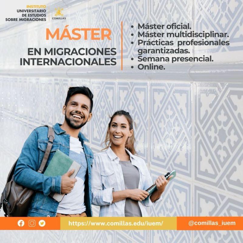Imagen promocional de un máster en migraciones internacionales con dos estudiantes sonrientes.