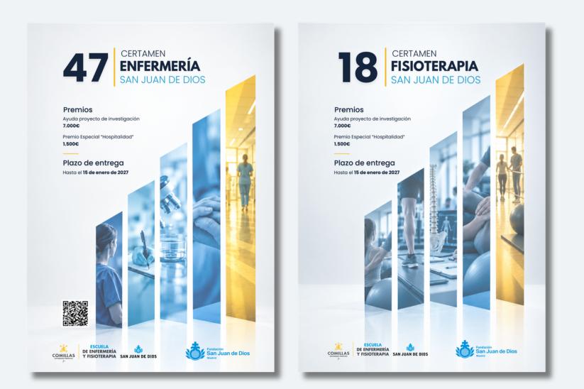 Carteles informativos sobre los certámenes de Enfermería y Fisioterapia en San Juan de Dios.