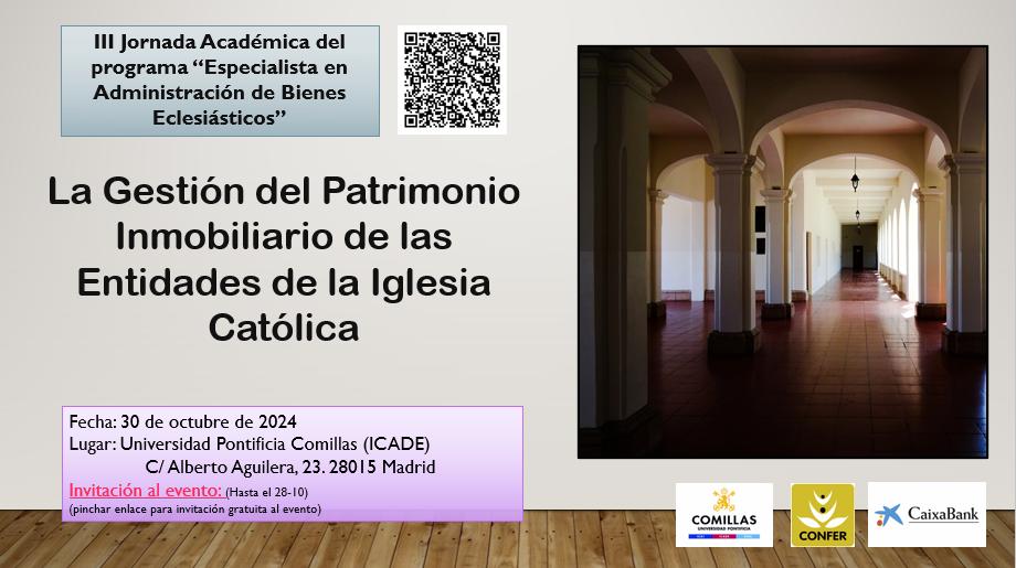 Cartel de evento para 'La Gestión del Patrimonio Inmobiliario de las Entidades de la Iglesia Católica' en un pasillo largo y vacío.