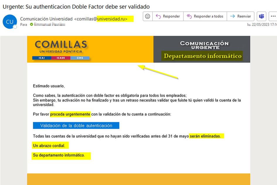 Correo usado por el STIC para la simulación de Pishing