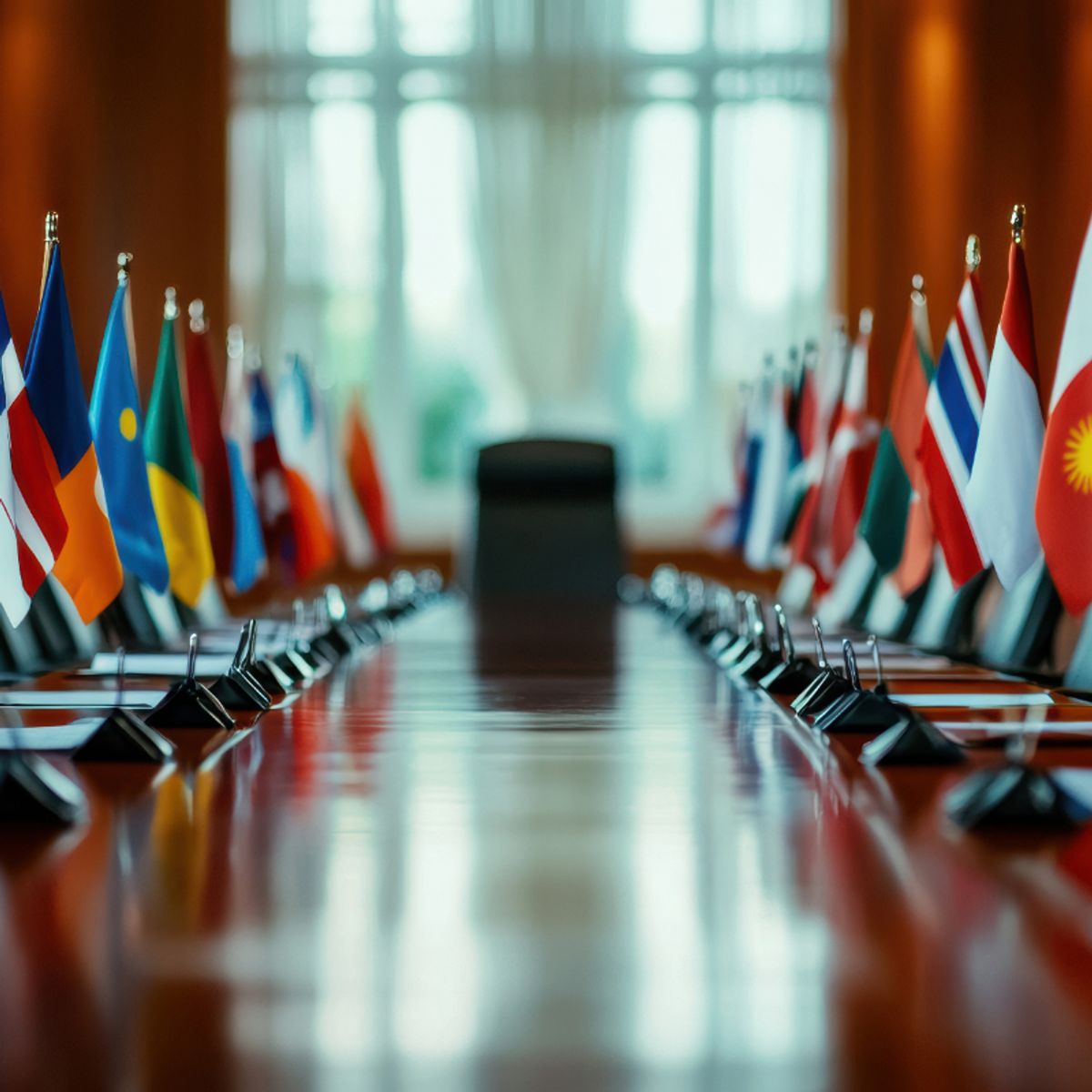 Sala de reuniones con una larga mesa y diversas banderas de diferentes países en los laterales.