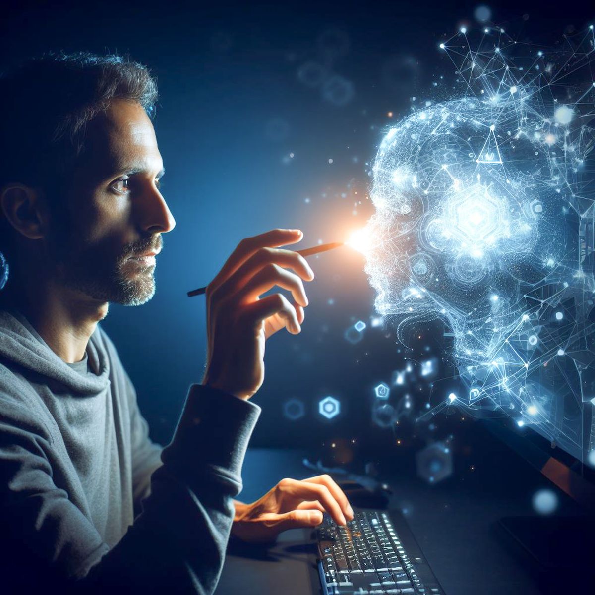 Un hombre interactúa con una interfaz digital que muestra una cabeza humanoide tridimensional con elementos tecnológicos.