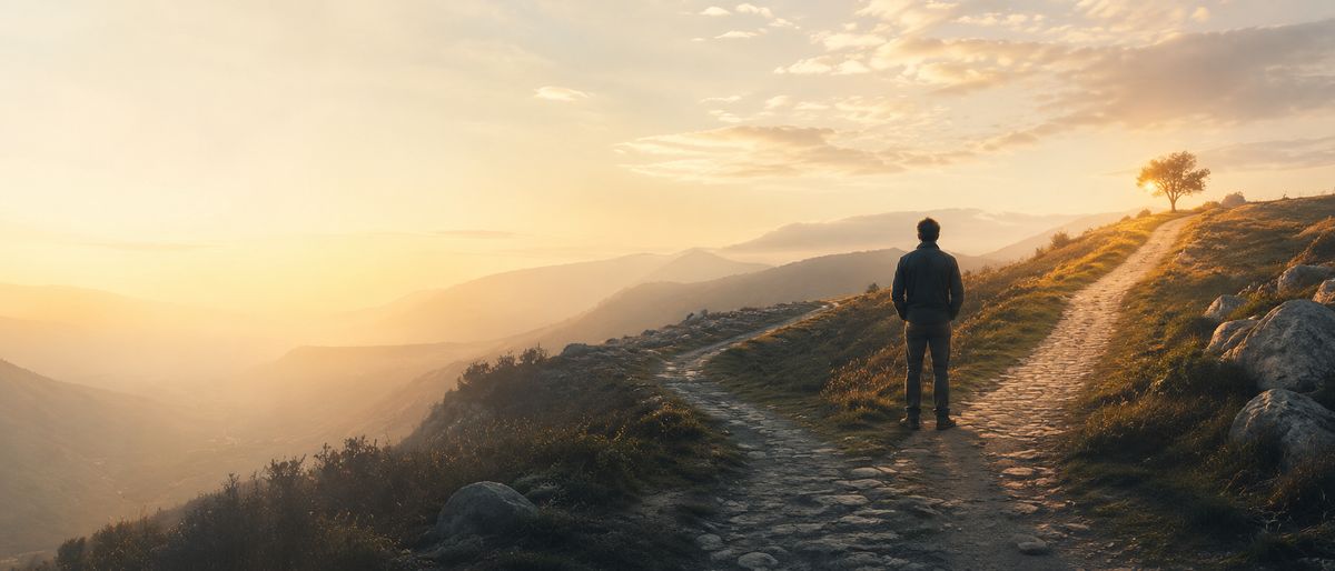 Una persona contempla un paisaje montañoso al atardecer desde un camino pedregoso.