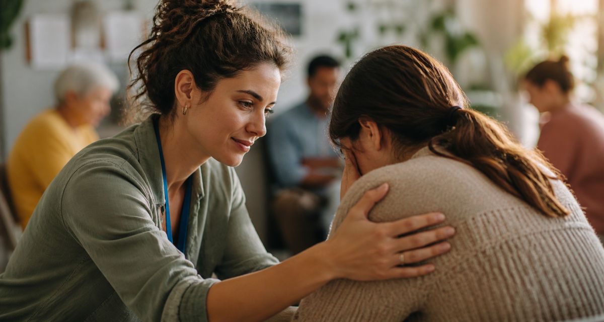 Una mujer consolando a otra en un entorno de apoyo emocional.