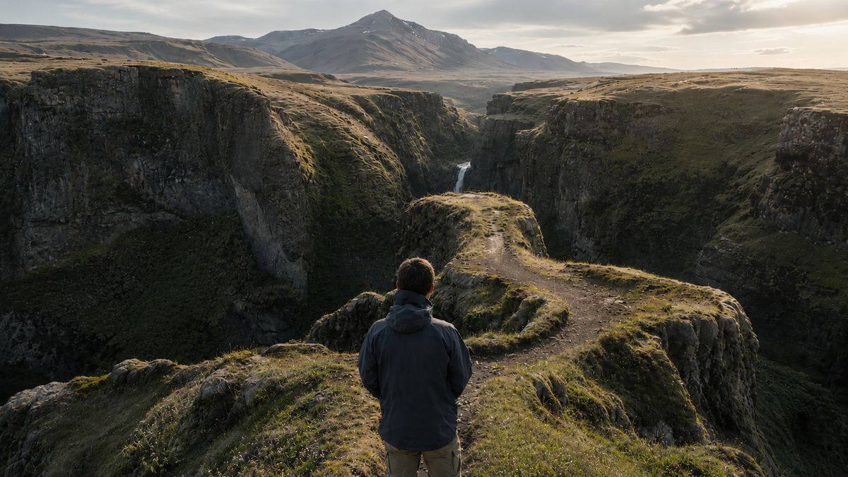 Un hombre contempla un impresionante paisaje montañoso con un desfiladero y una cascada en la distancia.