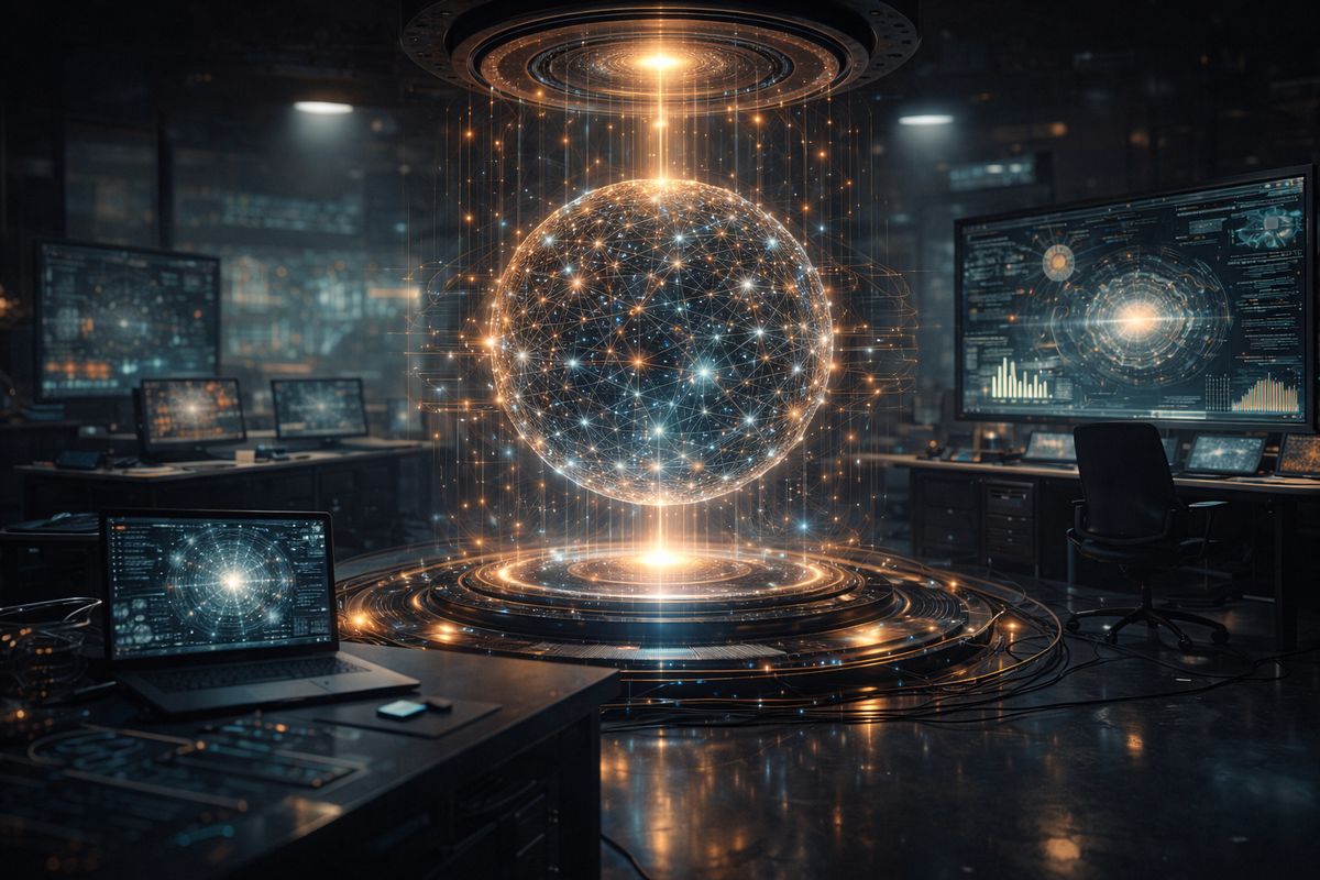 Una representación futurista de un laboratorio tecnológico con una esfera luminosa en el centro y pantallas mostrando datos alrededor.
