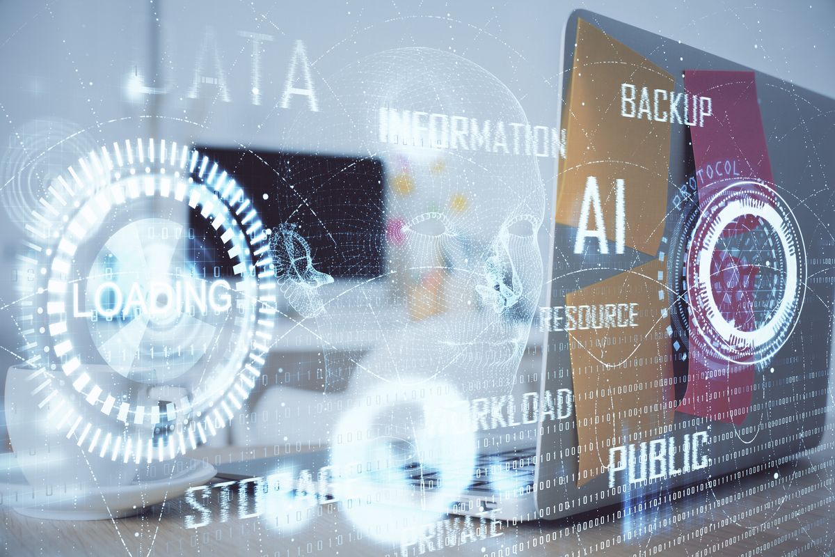 Una computadora portátil con gráficos digitales que representan conceptos de inteligencia artificial y gestión de datos.