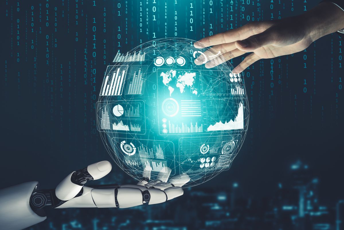 A human hand and a robotic hand interacting with a digital globe display featuring various data analytics and world maps.