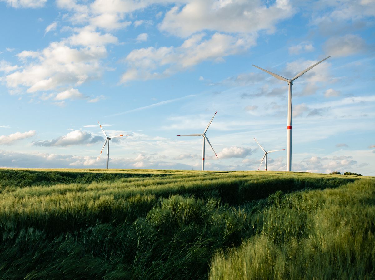 A scenic view of wind turbines standing in a green field under a cloudy sky.