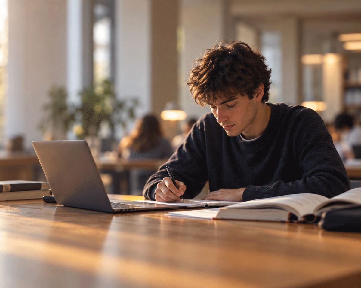 Un joven estudia concentrado en una mesa con una laptop y libros a su alrededor.