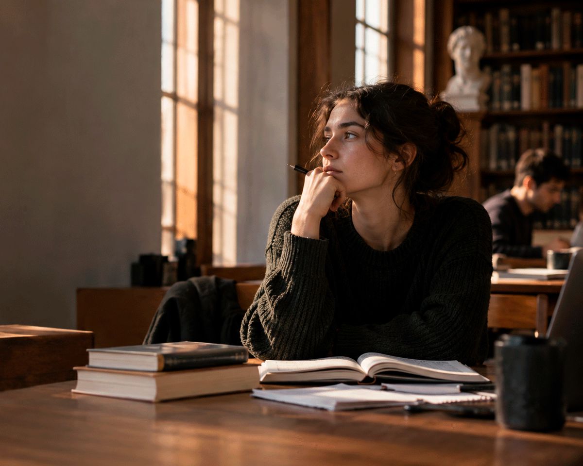 Una mujer pensativa en una biblioteca, rodeada de libros y con una luz suave entrando por las ventanas.