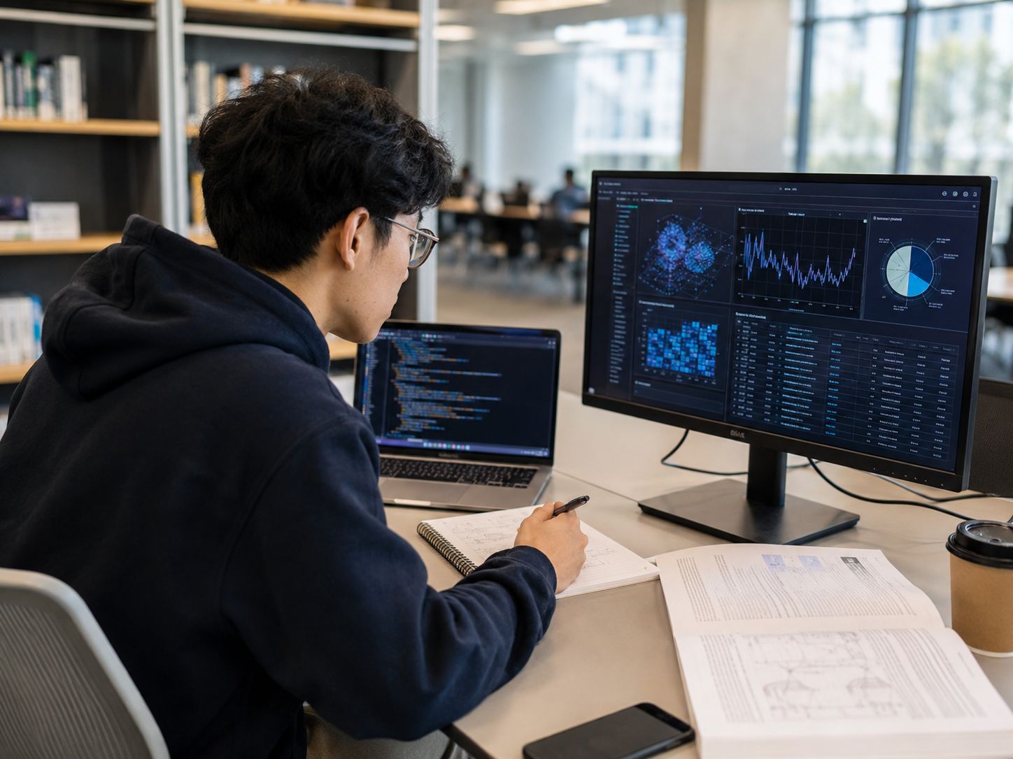Un estudiante trabaja en una computadora portátil y un monitor mientras analiza datos en un entorno académico.