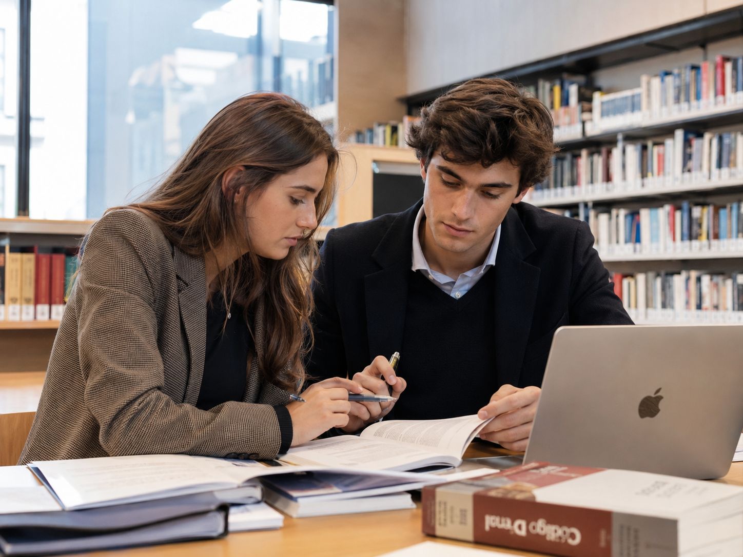 Dos estudiantes colaboran en una biblioteca mientras estudian juntos.