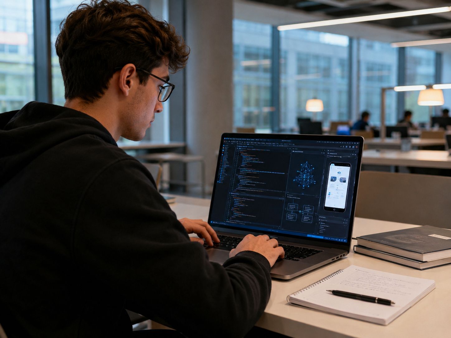 Un joven trabaja en su laptop en un ambiente de oficina moderna.