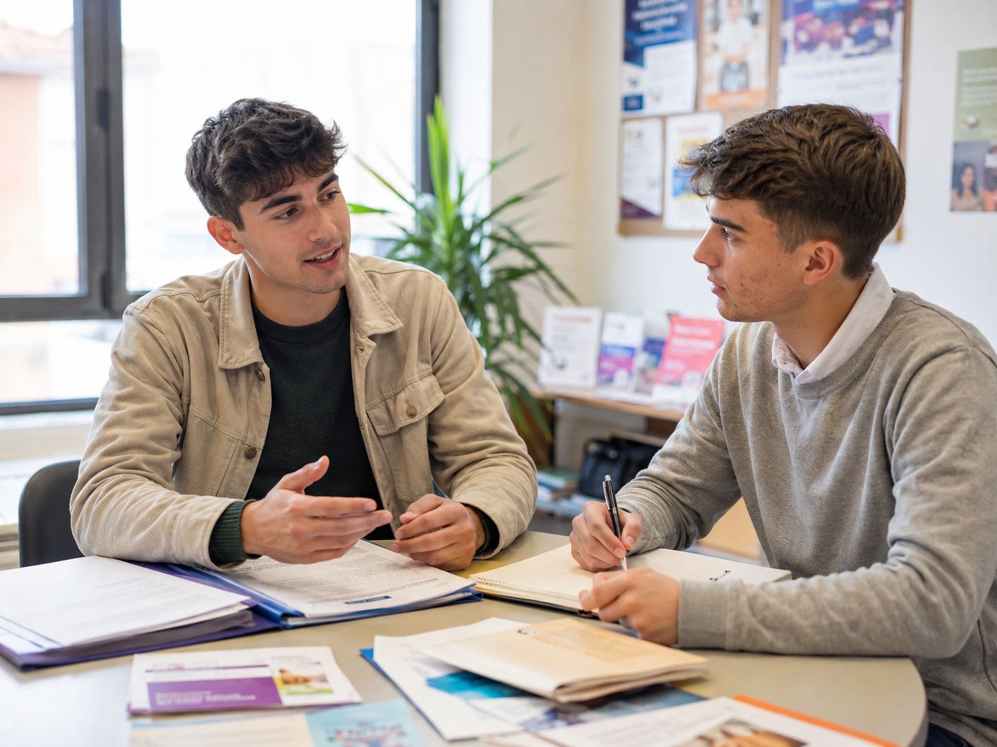 Dos jóvenes conversan y estudian en una mesa llena de documentos y material educativo.