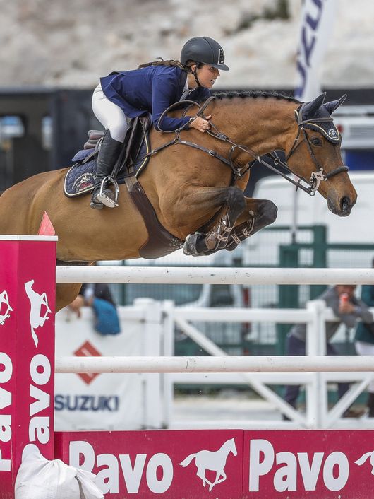 Una amazona monta un caballo castaño mientras salta un obstáculo en un concurso de equitación.