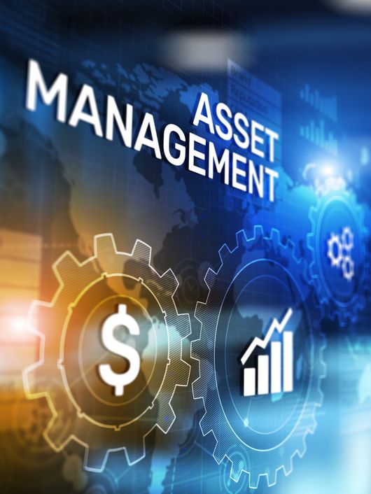 A graphic concept of asset management featuring gears, financial symbols, and dynamic graphs against a global map background.