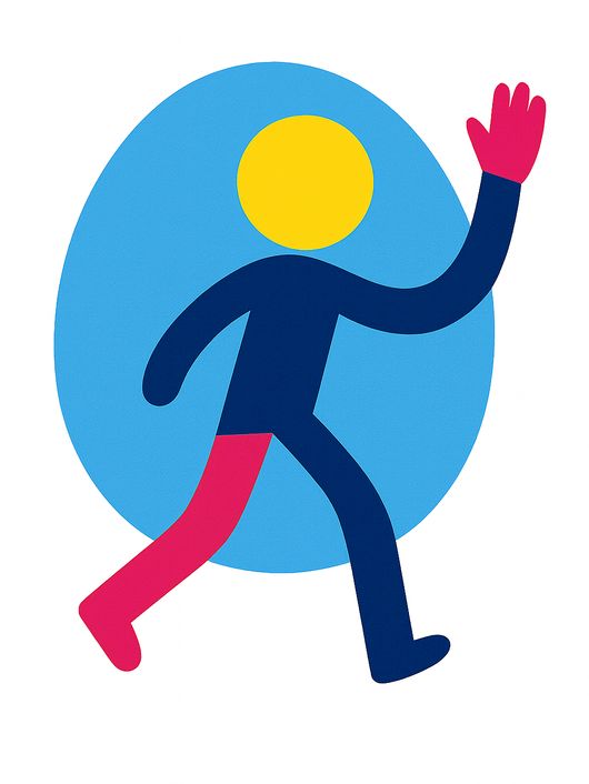 Una figura estilizada de una persona corriendo con un fondo azul.