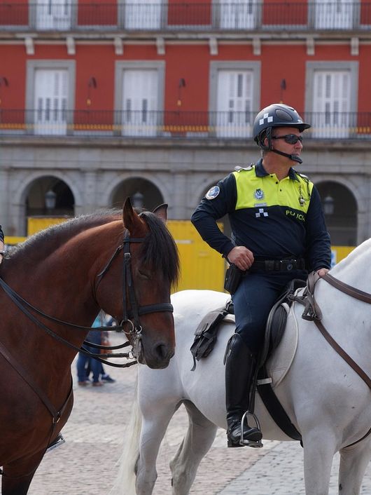 Dos policías a caballo patrullan en una plaza pública.
