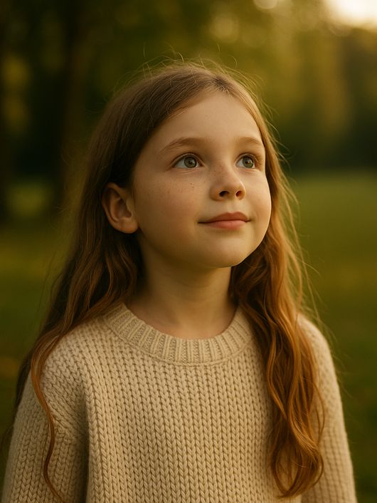 Una niña con cabello largo y lacio mira hacia arriba en un ambiente natural durante el atardecer.