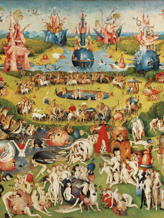 La imagen representa un complejo paisaje lleno de escenas alegóricas que exploran temas de la vida, el pecado y la redención.