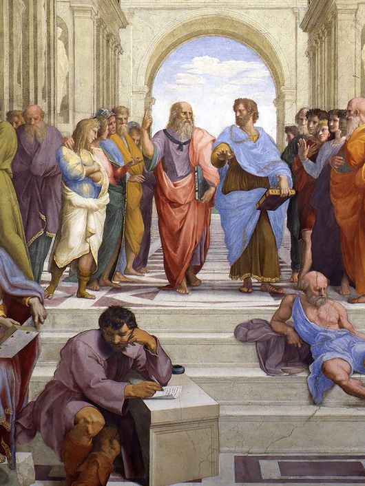La imagen representa una escena de filósofos y académicos dialogando en un ambiente académico clásico.