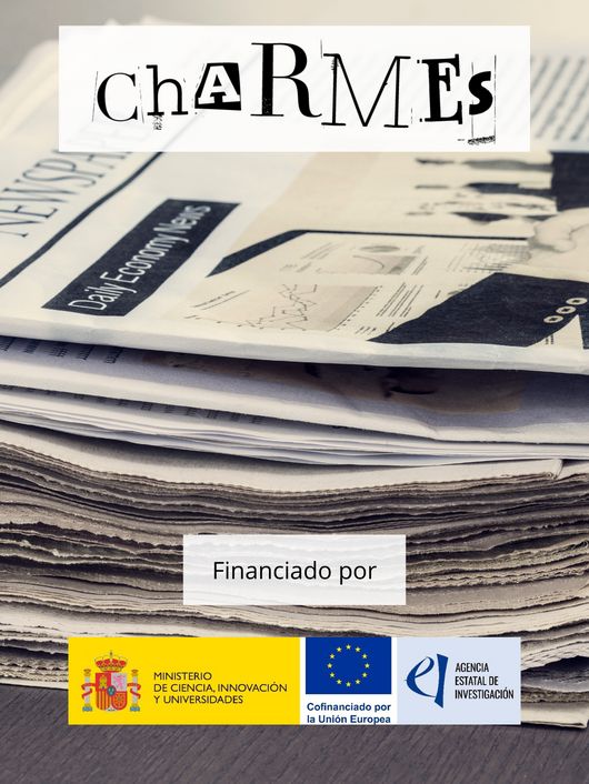 La imagen muestra un conjunto de periódicos apilados con el título 'chArMEs' en la parte superior y logos de financiación en la parte inferior.