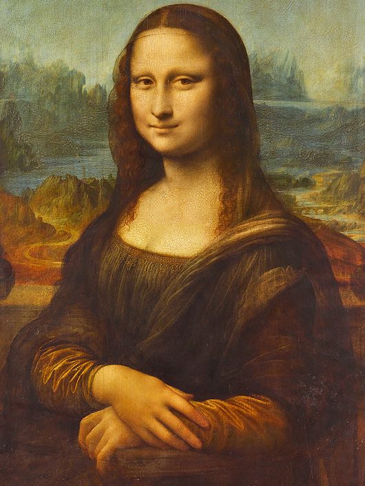 Una pintura de una mujer con una sonrisa enigmática, conocida como La Gioconda, en un paisaje de fondo.