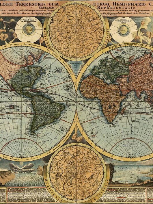 Mapa antiguo del mundo con representaciones de los continentes en hemisferios.