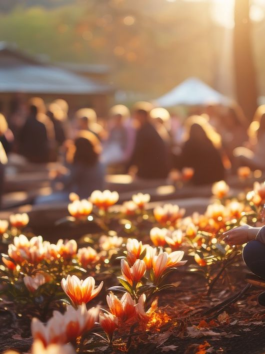 Una multitud de personas sentadas en un parque rodeado de flores al atardecer.
