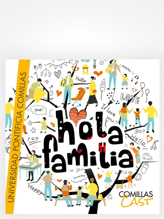 A colorful and vibrant poster featuring doodle-style illustrations of diverse people engaged in various activities around the words 'hola familia', set against a plain white background.