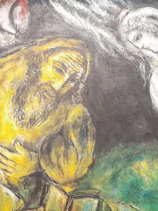 An expressionist painting depicting an anguished figure being comforted by an angel.