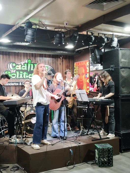 Un grupo de músicos actúa en un escenario con varios instrumentos en un bar.