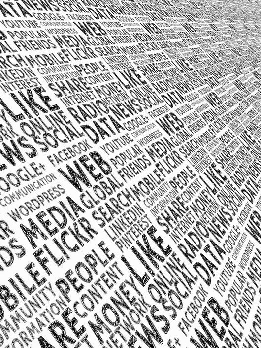 La imagen muestra una serie de palabras relacionadas con redes sociales y datos en un diseño en perspectiva.