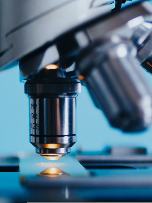 La imagen muestra un microscopio con un fondo azul claro.
