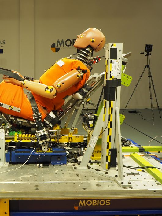 A crash test dummy is secured on a complex mechanical rig, apparently for safety testing in a laboratory environment.