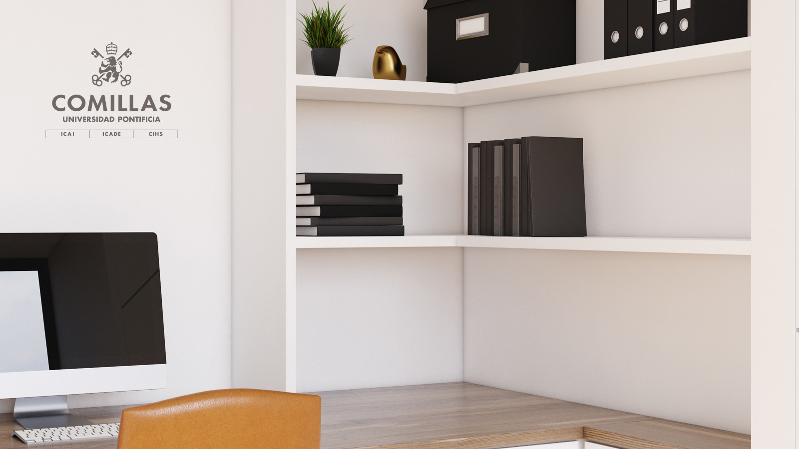 La imagen muestra un rincón de estudio con estanterías blancas, libros organizados y un escritorio moderno.