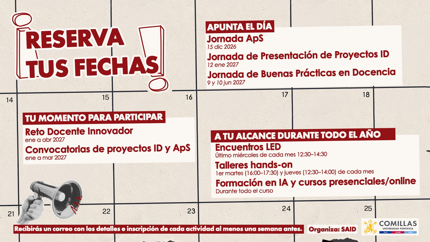Calendario de eventos educativos con fechas y actividades programadas para el año 2027.